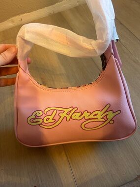 Ed Hardy Pink Mini Shoulder Bag with Yellow Logo